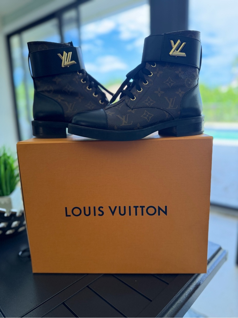 Louis Vuitton Black & Brown Monogram Lace-Up Ankle Boots - Women